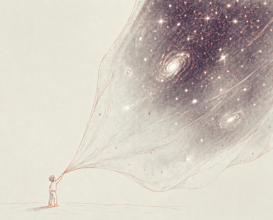Un bambino stende il mantello stellato di Takarò sotto un cielo di stelle