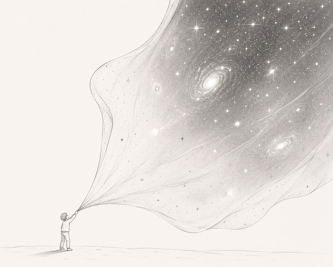 Un bambino tiene tra le mani un grande telo di cielo stellato